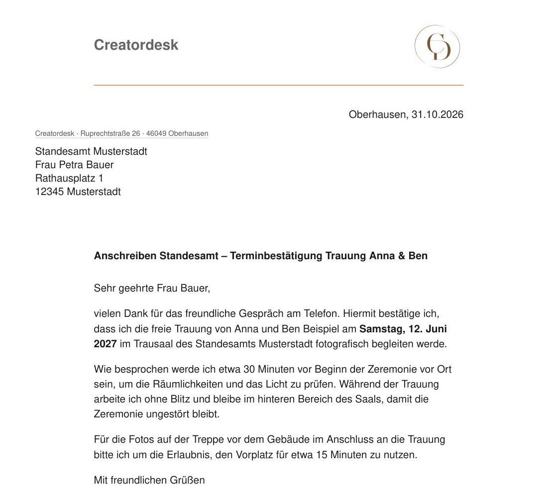 Brief-PDF mit Briefkopf, Absenderzeile, Anschriftenfeld, Datum und Betreff