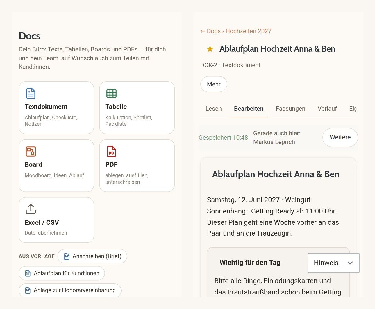 Docs am Handy: Übersicht mit Neu-Kacheln und Texteditor mit Werkzeugleiste