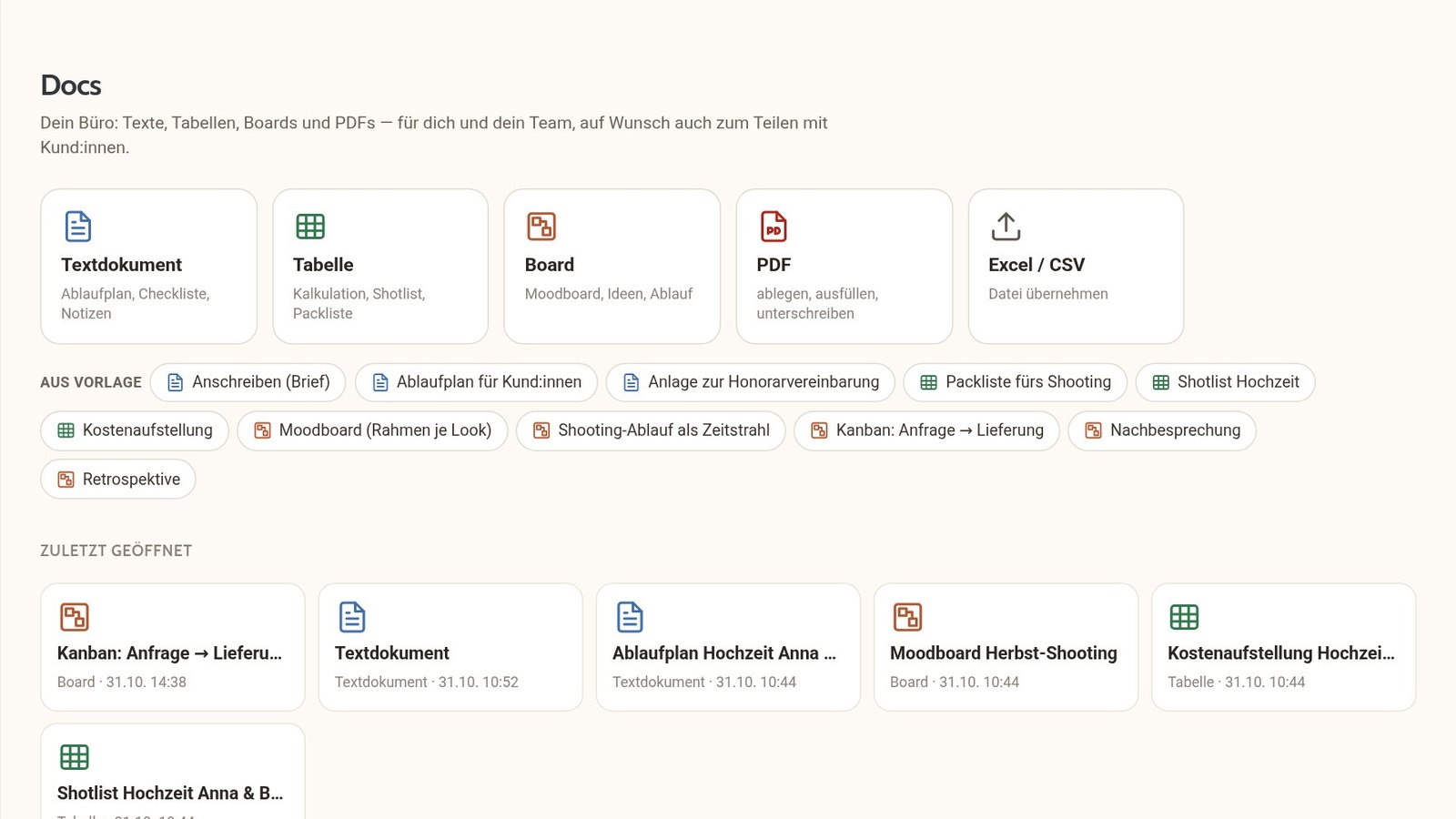 Docs-Startseite mit Kacheln für Textdokument, Tabelle, Board, PDF und Excel-Import sowie Vorlagen und zuletzt geöffneten Dokumenten