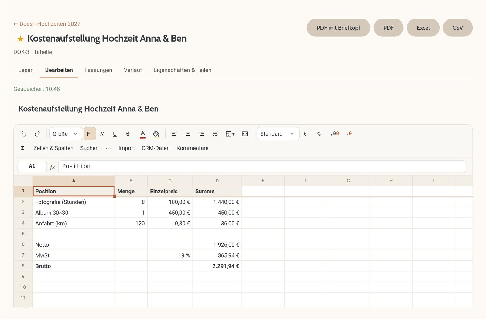 Tabelle Kostenaufstellung mit Excel-ähnlicher Werkzeugleiste, Formelzeile und berechneten Summen