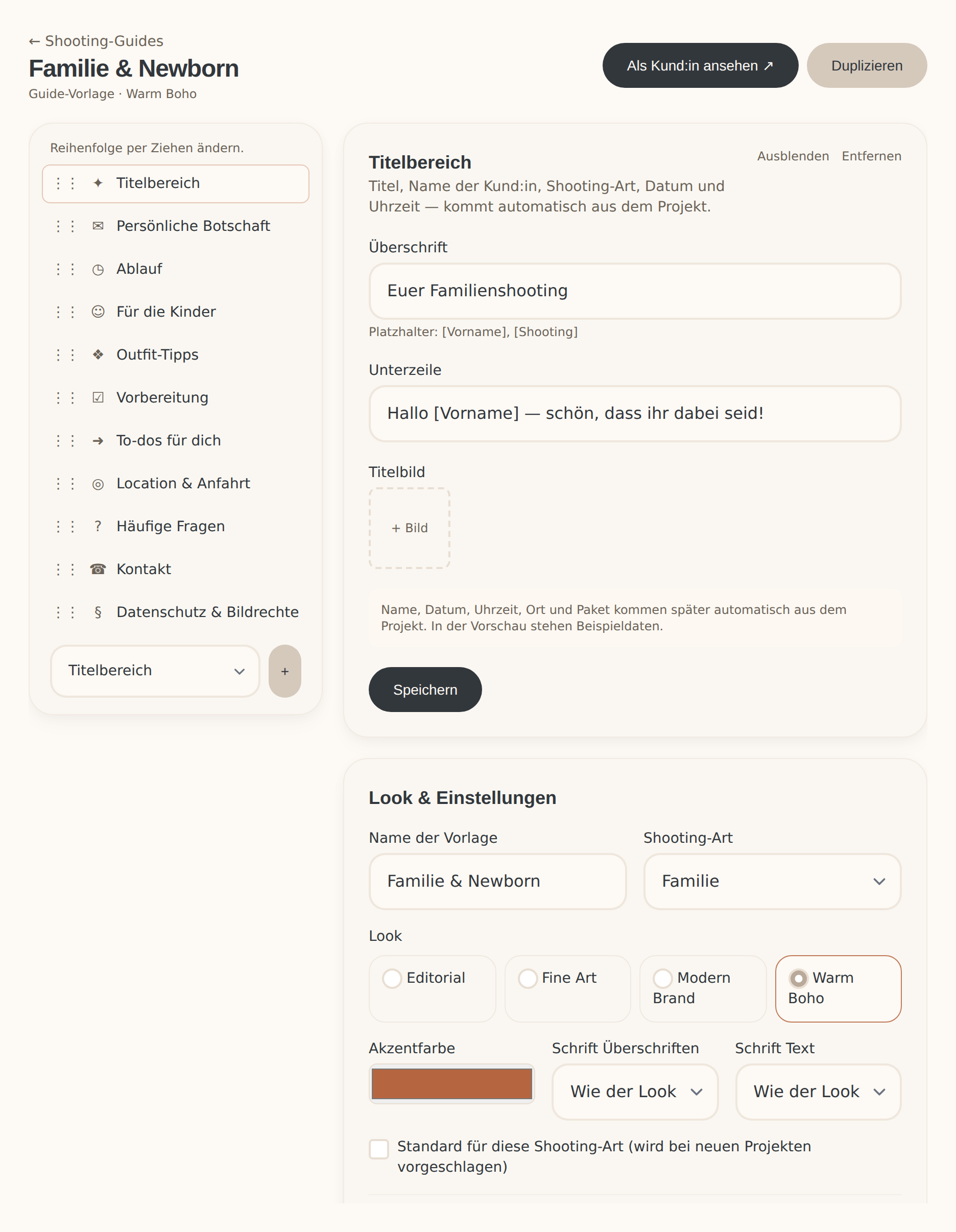 Der Editor einer Guide-Vorlage mit Abschnitten zum Anordnen per Drag & Drop