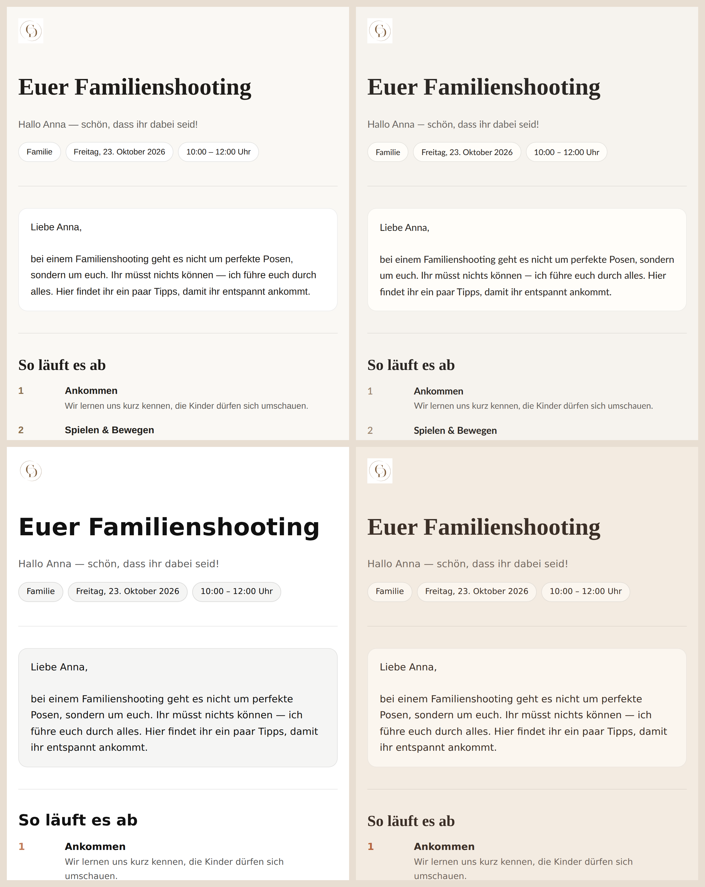 Vier Looks für den Shooting-Guide im Vergleich: Editorial, Fine Art, Modern Brand, Warm Boho