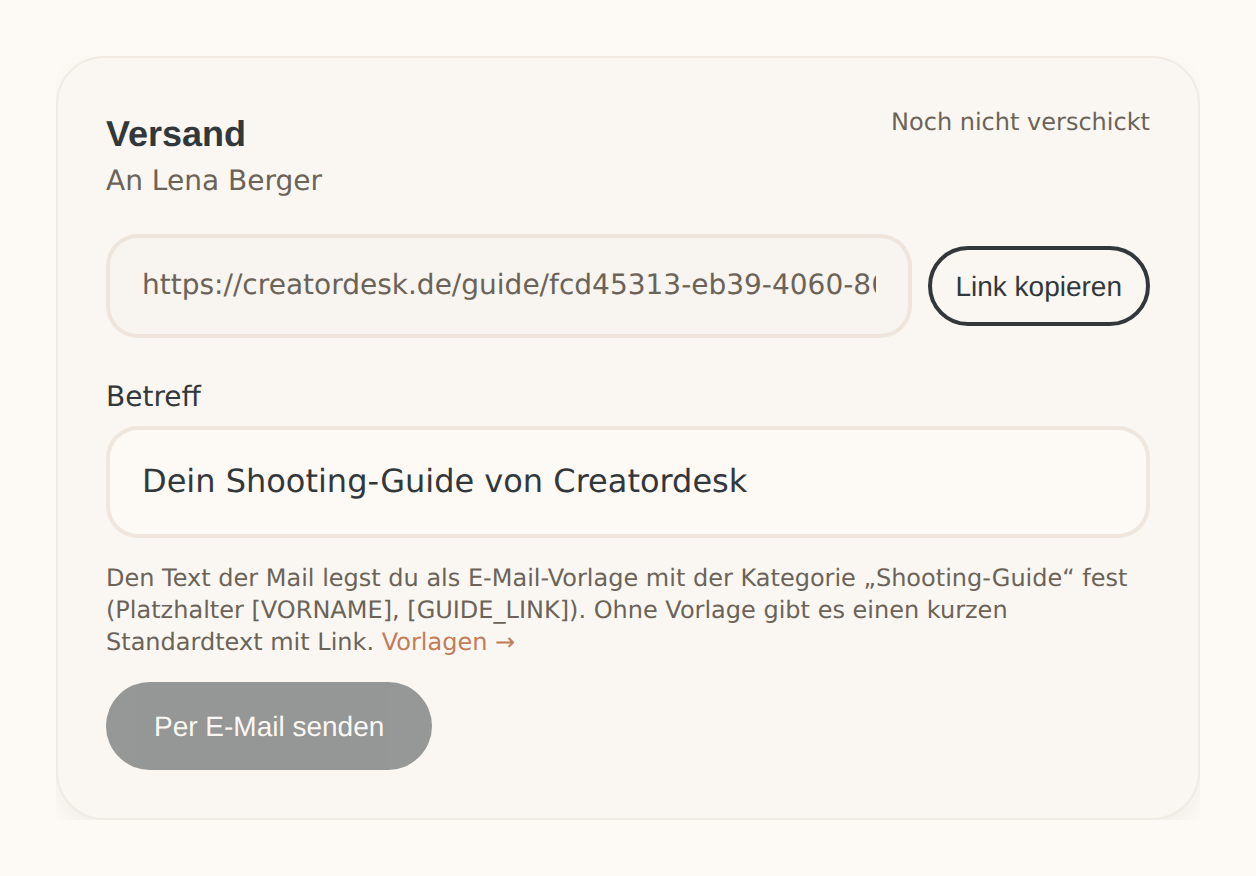 Versandkarte eines Shooting-Guides mit Link, Betreff und Knopf „Per E-Mail senden“