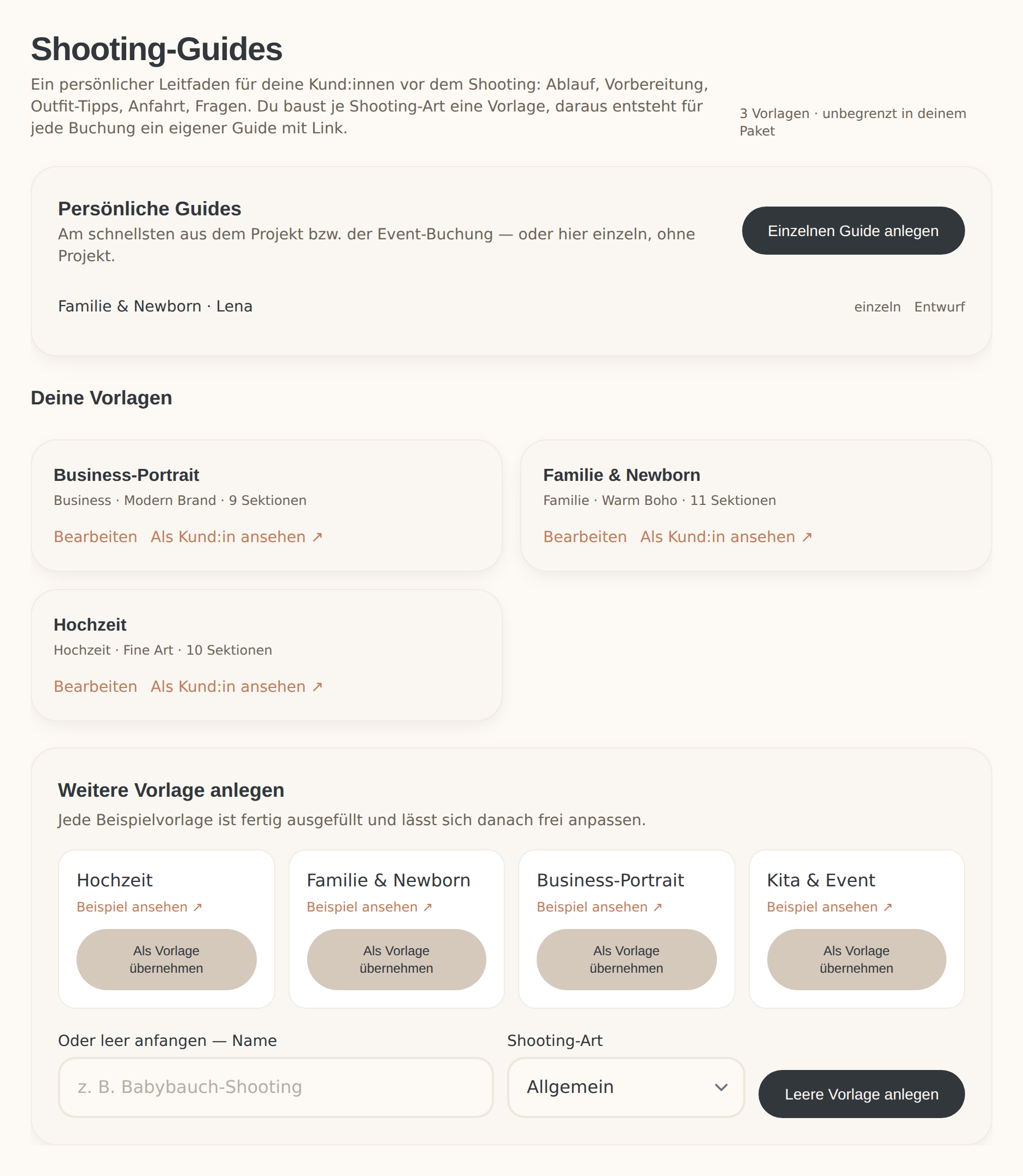 Übersicht der Shooting-Guide-Vorlagen im CreatorDesk-Dashboard