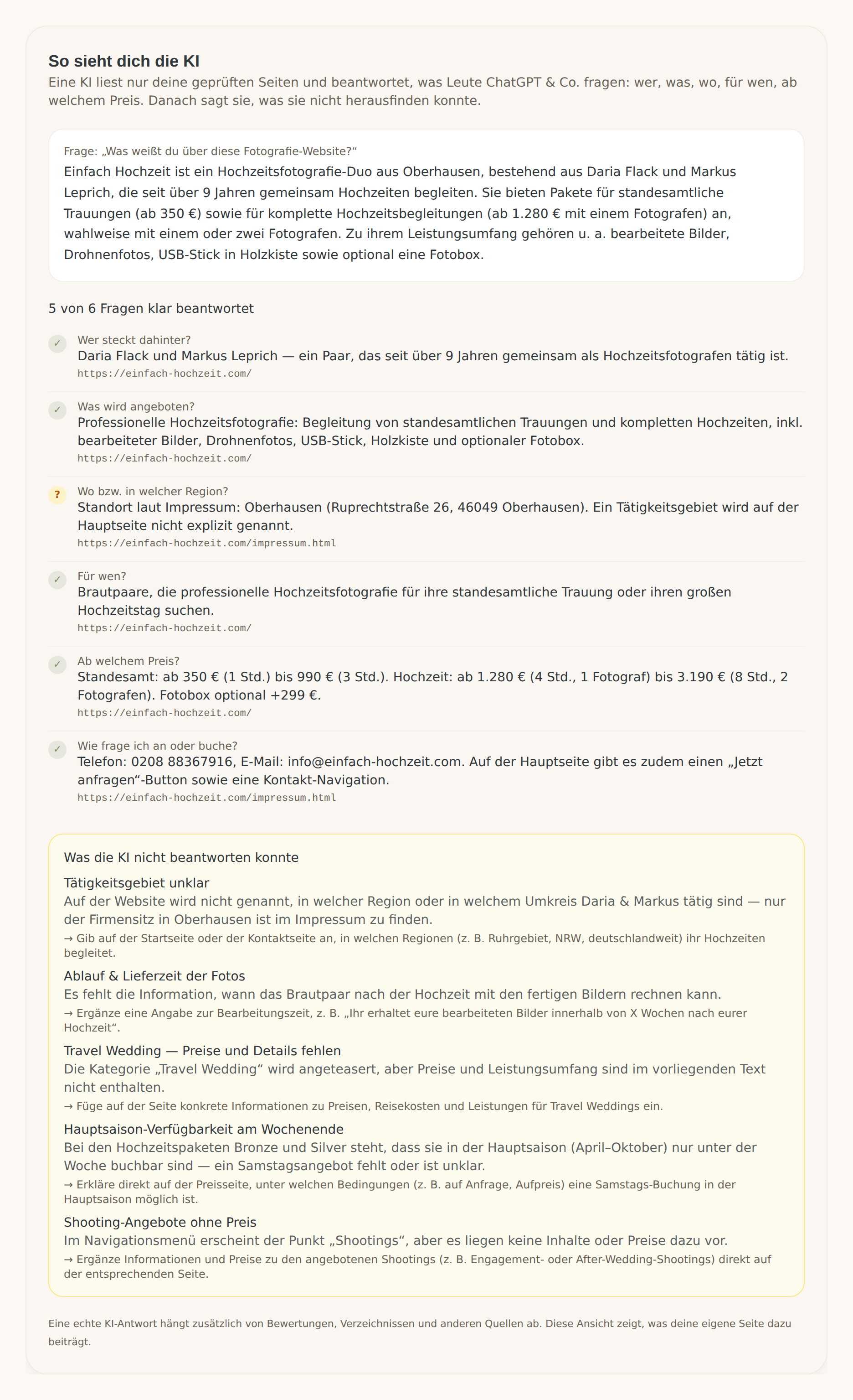 Karte „So sieht dich die KI“ mit Zusammenfassung und sechs beantworteten Fragen zu Anbieter, Leistung, Region, Zielgruppe und Preis